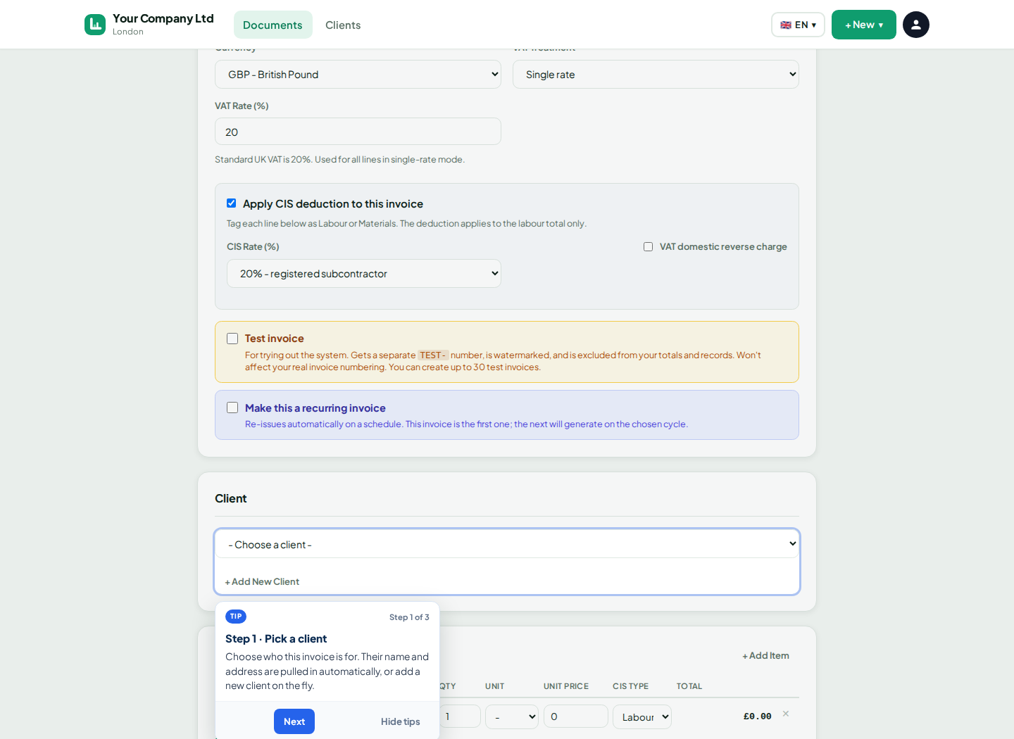 LingvaBill new invoice form