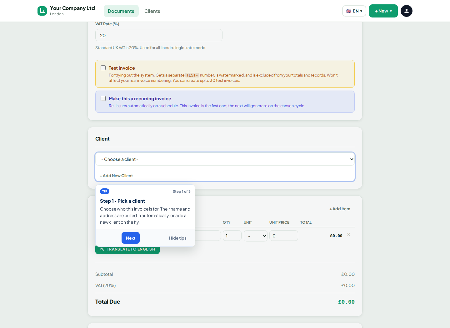 LingvaBill new invoice form