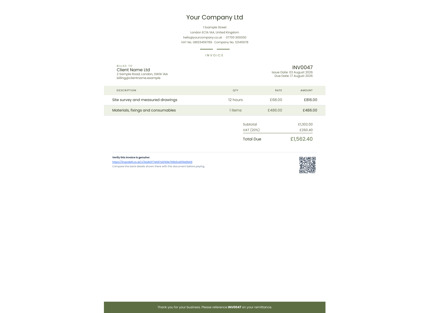 Faktura LingvaBill s údaji Your Company Ltd a Client Name Ltd