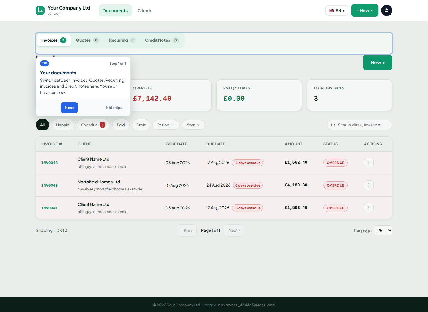 LingvaBill invoice dashboard with Client Name Ltd records