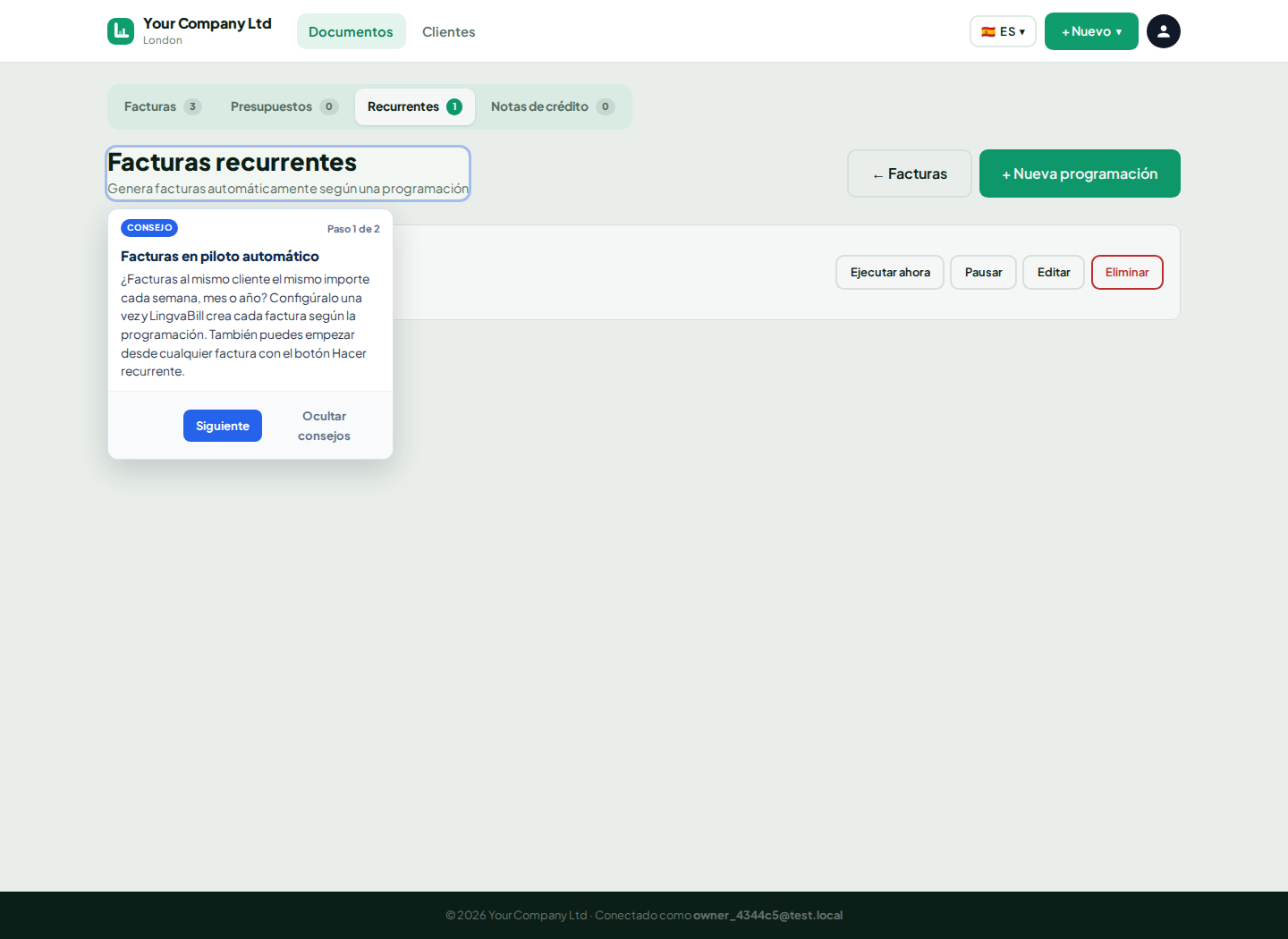 Lista de facturas recurrentes de LingvaBill