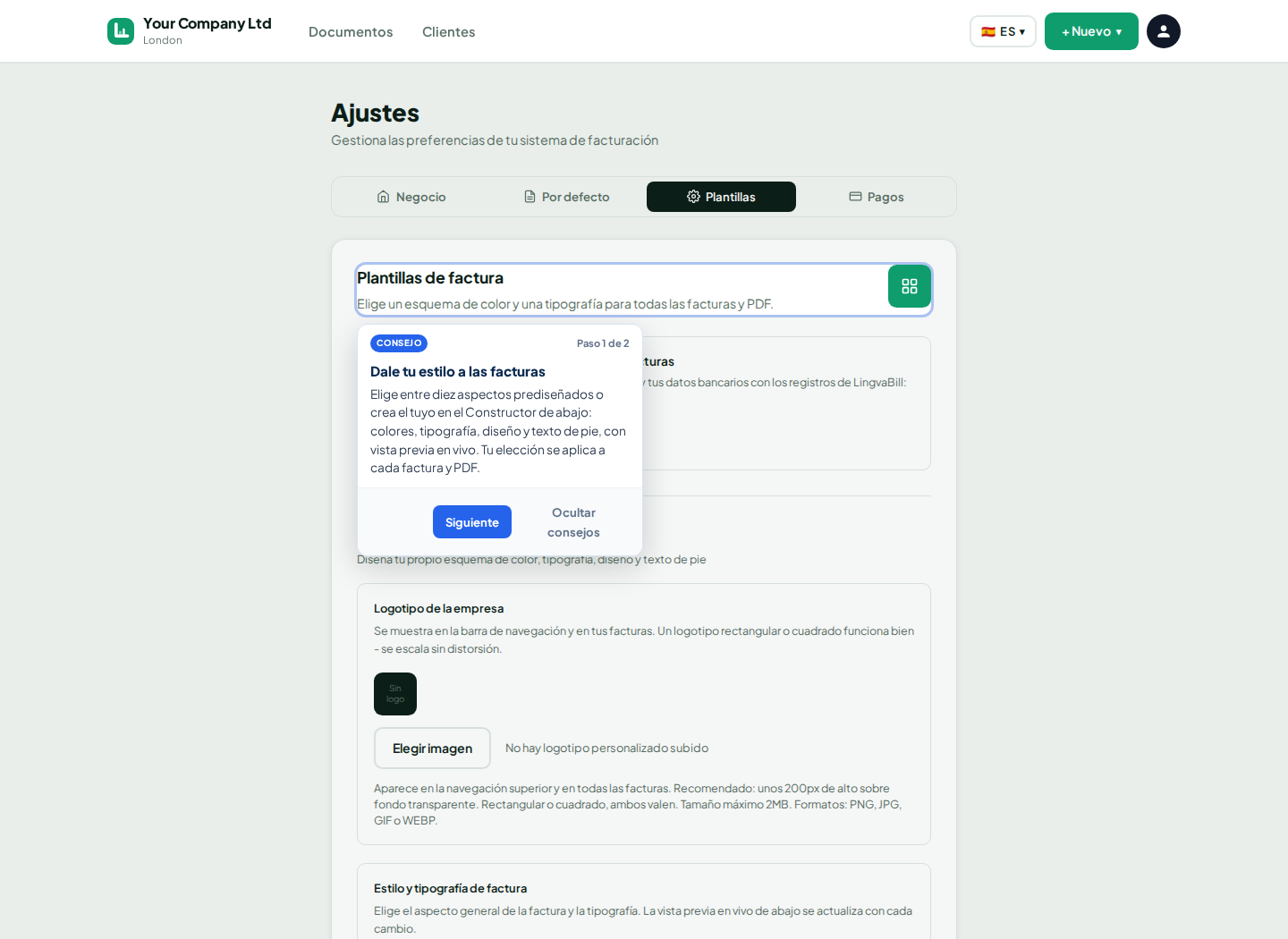 Ajustes de plantilla de factura de LingvaBill