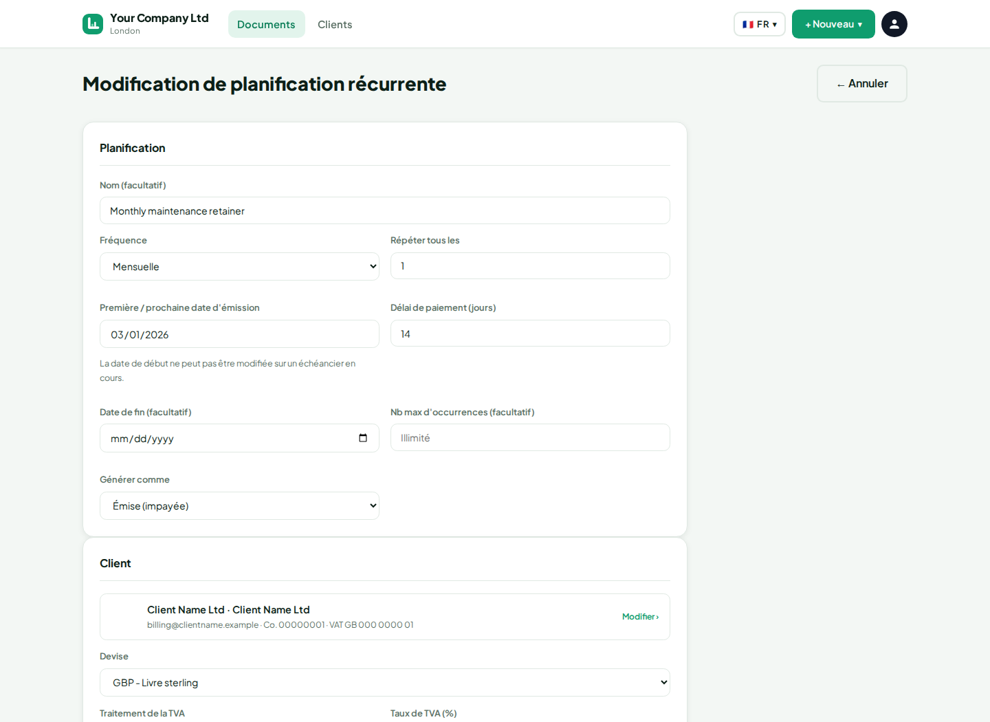 Tableau de bord des factures LingvaBill avec les enregistrements de Client Name Ltd