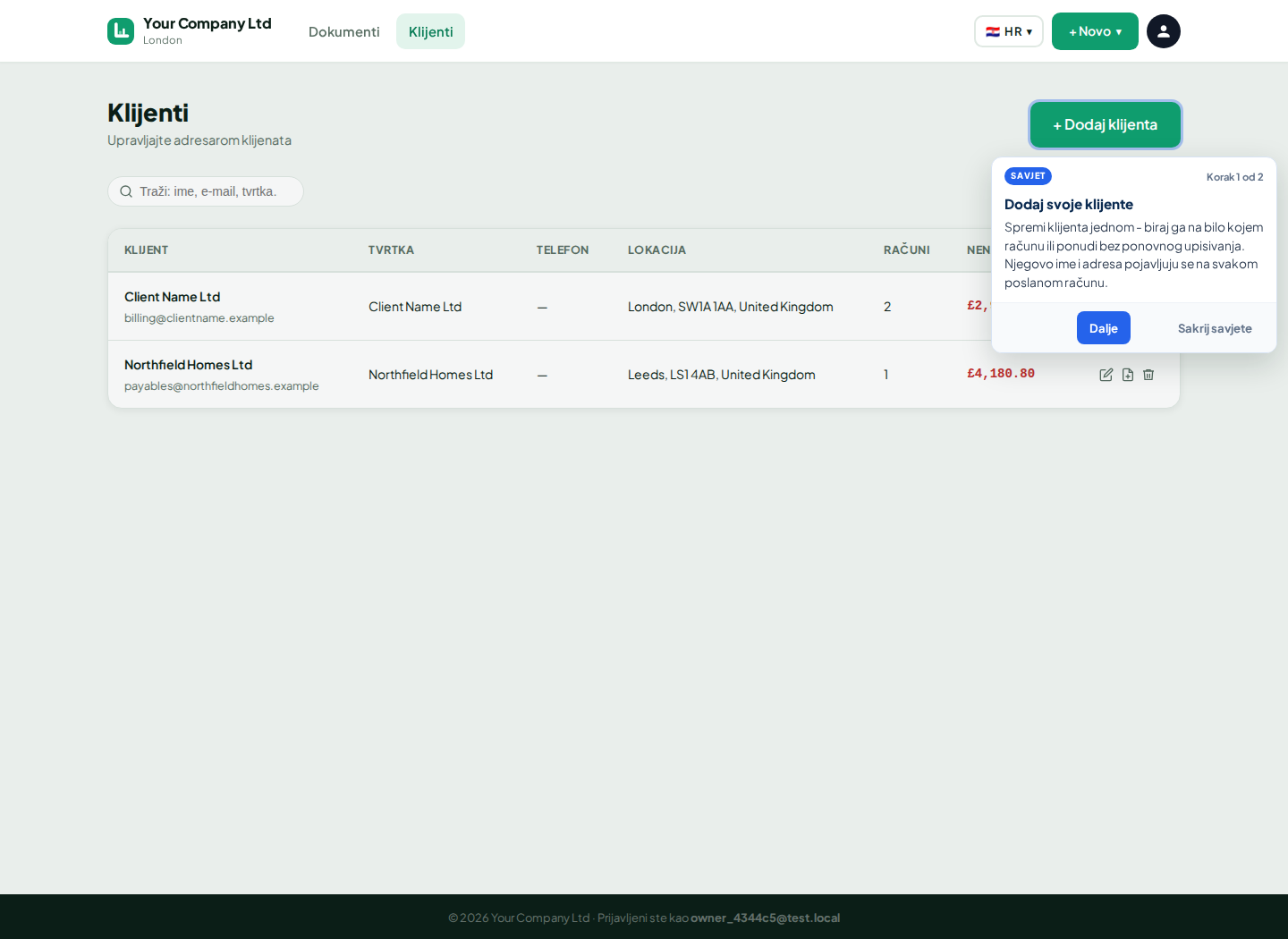 LingvaBill popis klijenata s Client Name Ltd
