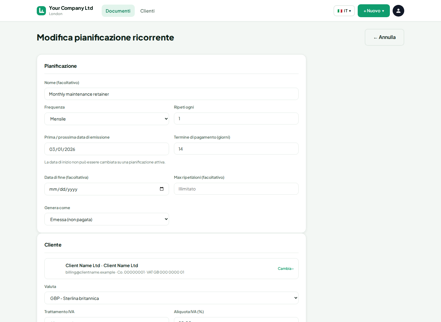 Pannello fatture di LingvaBill con i record di Client Name Ltd