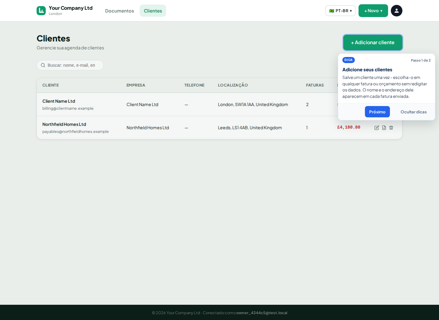 Lista de clientes do LingvaBill com Client Name Ltd