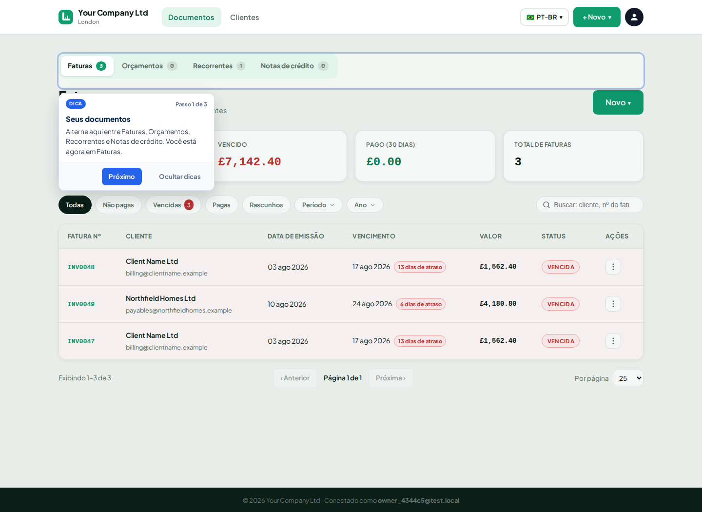 Painel de faturas do LingvaBill com registros da Client Name Ltd