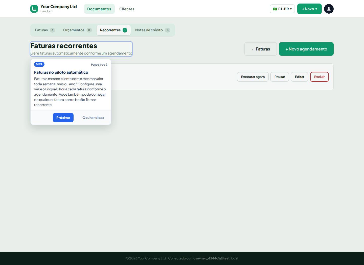 Lista de faturas recorrentes do LingvaBill