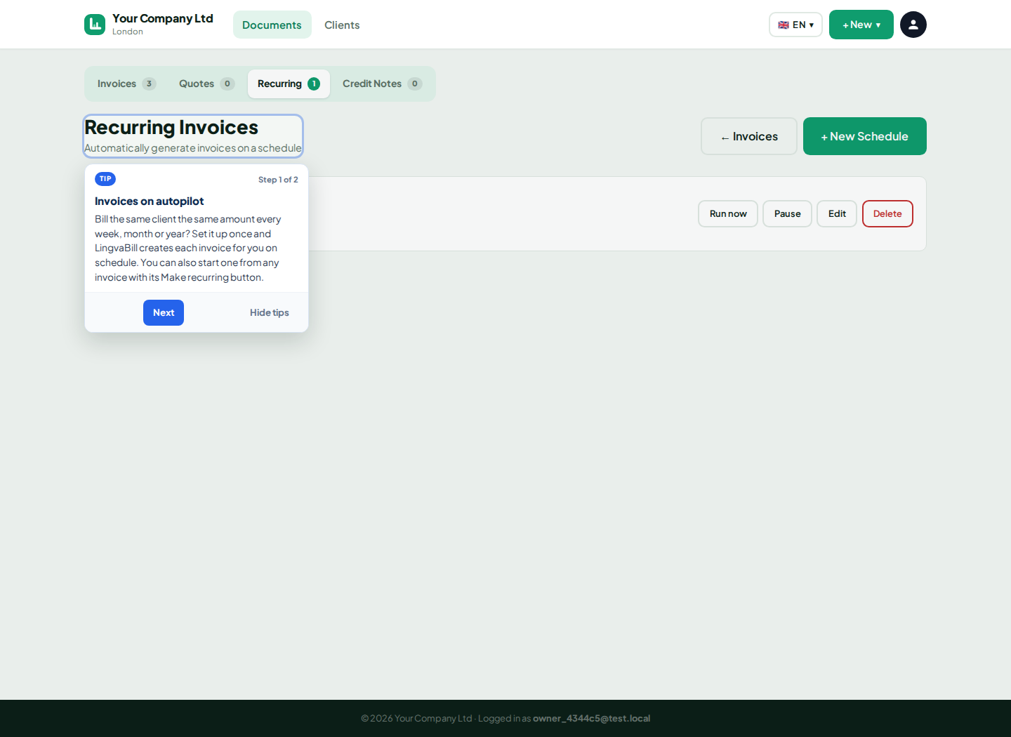 LingvaBill recurring invoice list