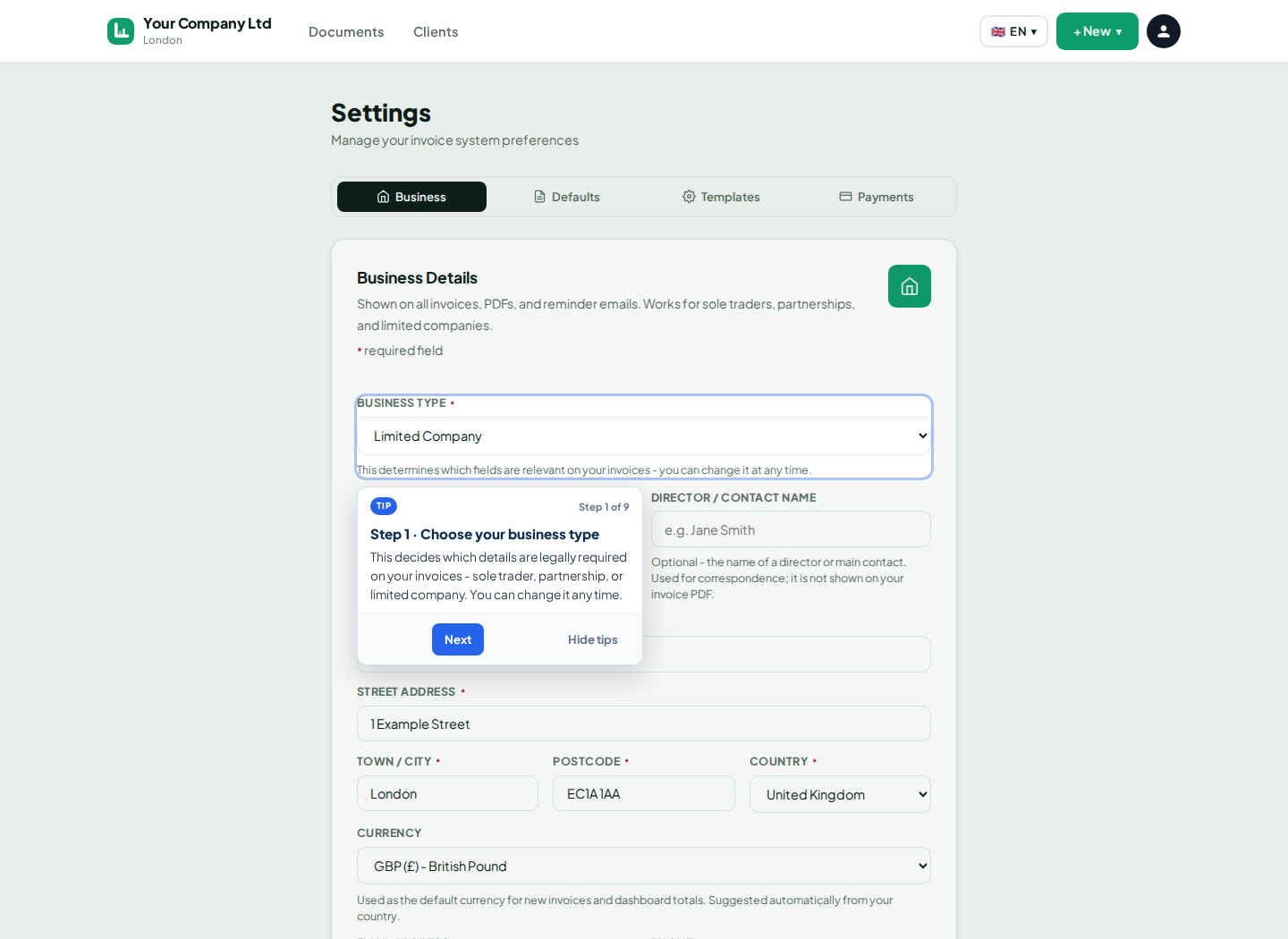 LingvaBill invoice settings for Your Company Ltd