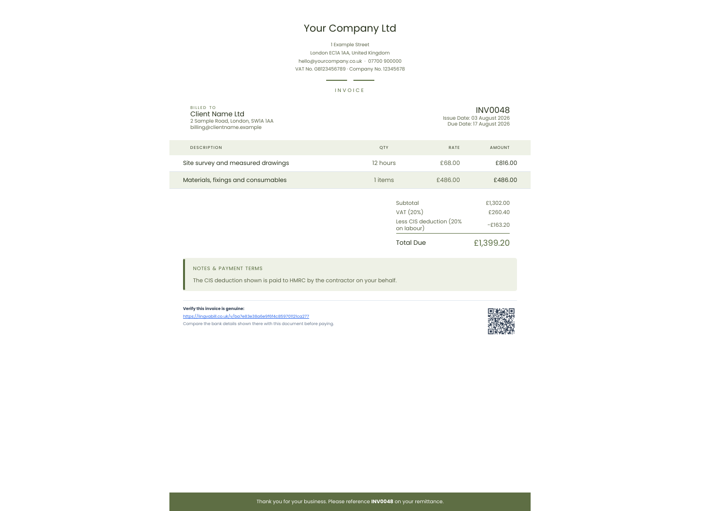 Faturë LingvaBill me Your Company Ltd dhe Client Name Ltd