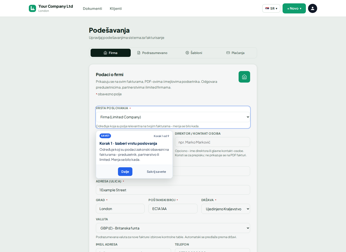 LingvaBill podešavanja fakture za Your Company Ltd