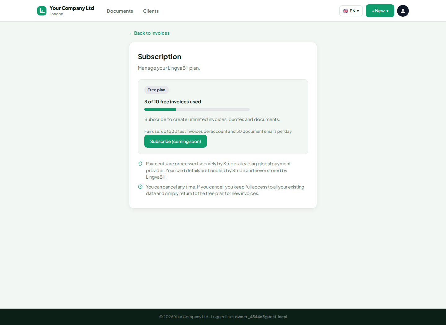 LingvaBill subscription page